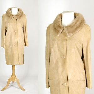 60s Vintage Beige Suede Mink Fur Collar Coat Med